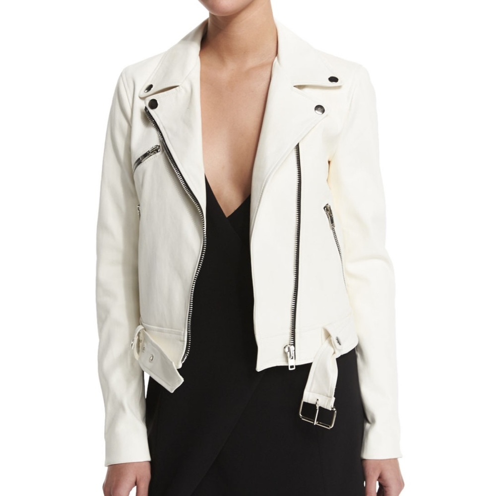 Belted Zip Front White Leather Jacket